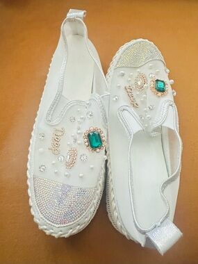 White Embellished Slip-On Women's Shoes with Emerald Accent